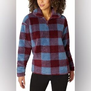 Eddie Bauer XL 1/4 zip fleece jacket plaid flannel pattern fuzzy soft